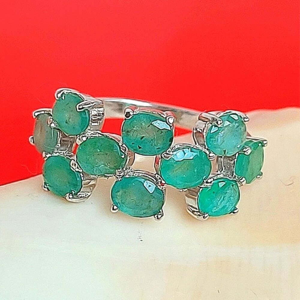 Natural Green Emerald 14K Wite‎ Gold on 925 Sterling Silver Ring Size 75